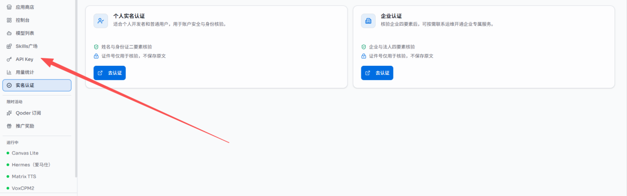 Matrix 左侧导航中的 API Key 入口